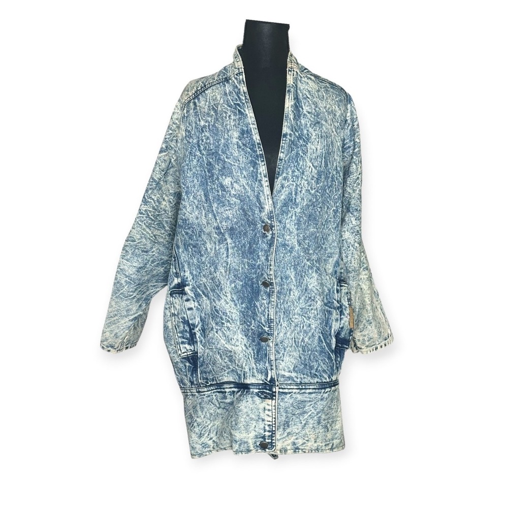 Vintage Acid Wash Denim Duster Coat 80s Oversized Dolman Sleeves Grunge